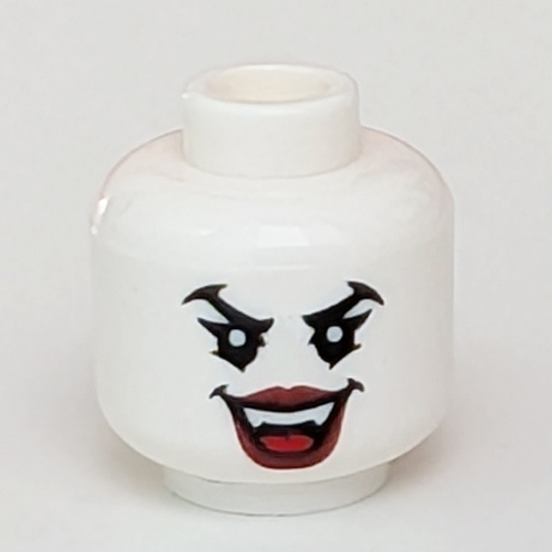 Lego Minifig Head, Angry Eyes, Open Mouth, Vampire Fangs, Red Lips print [Hollow Stud] / White