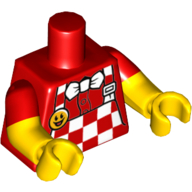 Lego Torso, Dual Molded Arms, Checkered Apron and White Bow Tie, Smile Button Print, Red Sleeves Pattern, Yellow Arms and Hands