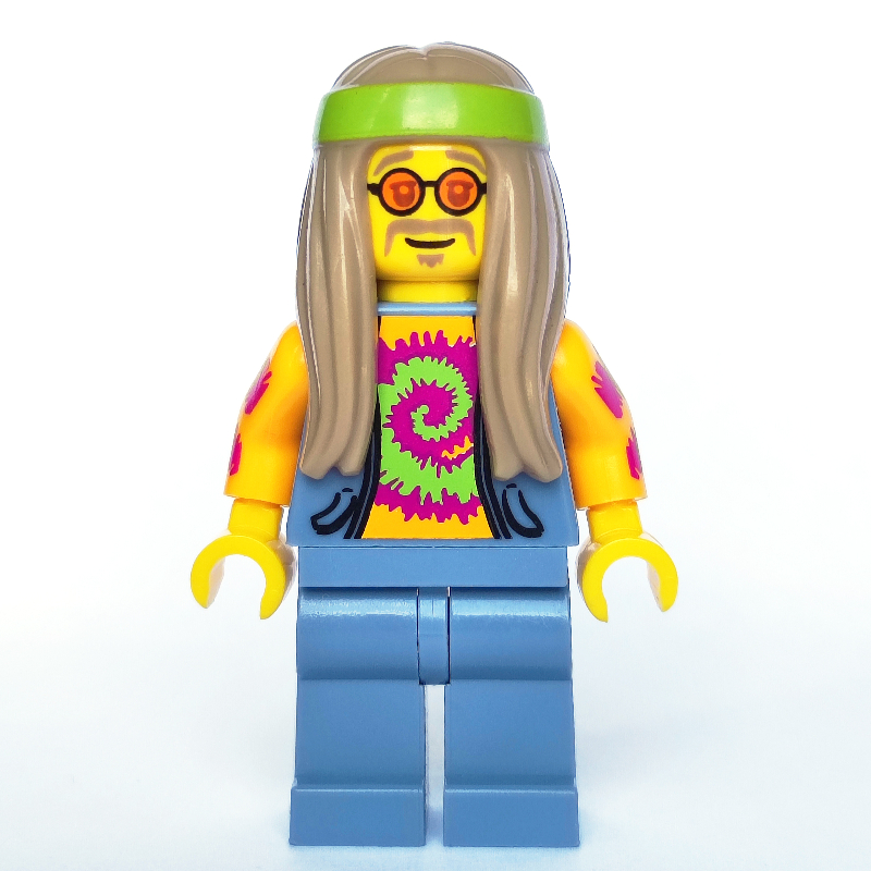 Lego Flower Child, Open Sand Blue Vest over Bright Light Orange Shirt, Long Dark Tan Hair