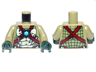 Lego Torso Bare Chest with Muscles, Dark Red Straps, White Spikes and Dark Azure Round Jewel (Chi) Pattern / Olive Green Arms / Dark Green Hands