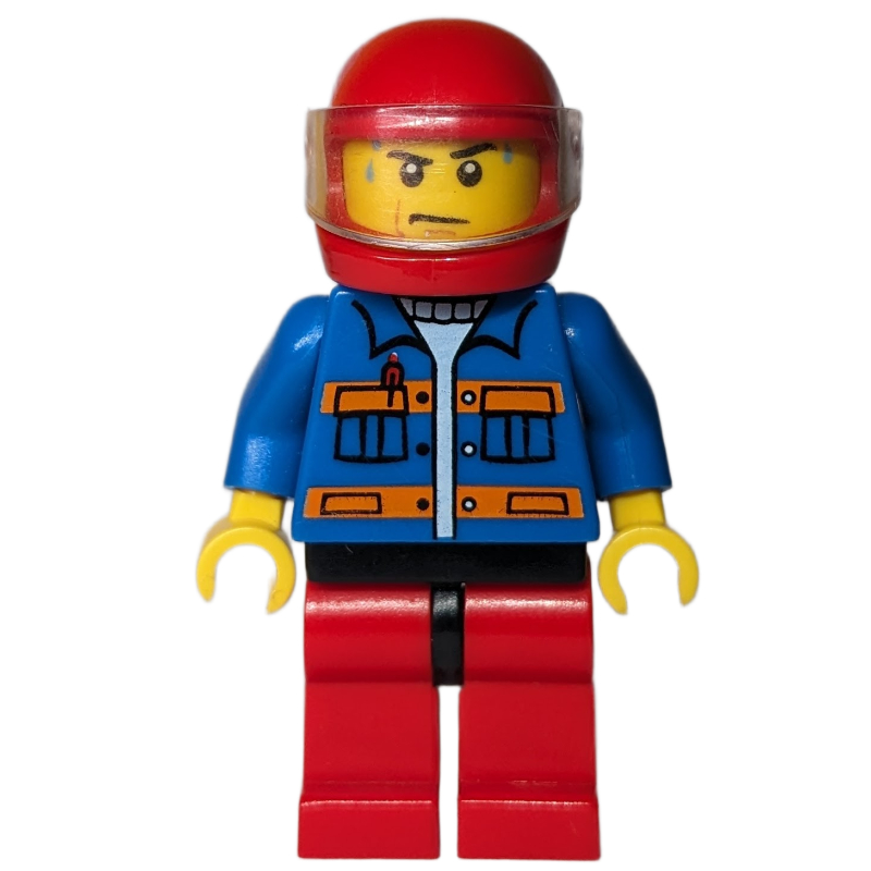 Lego Man, Blue Jacket with Orange Stripes, Red Legs, Red Helmet with Visor