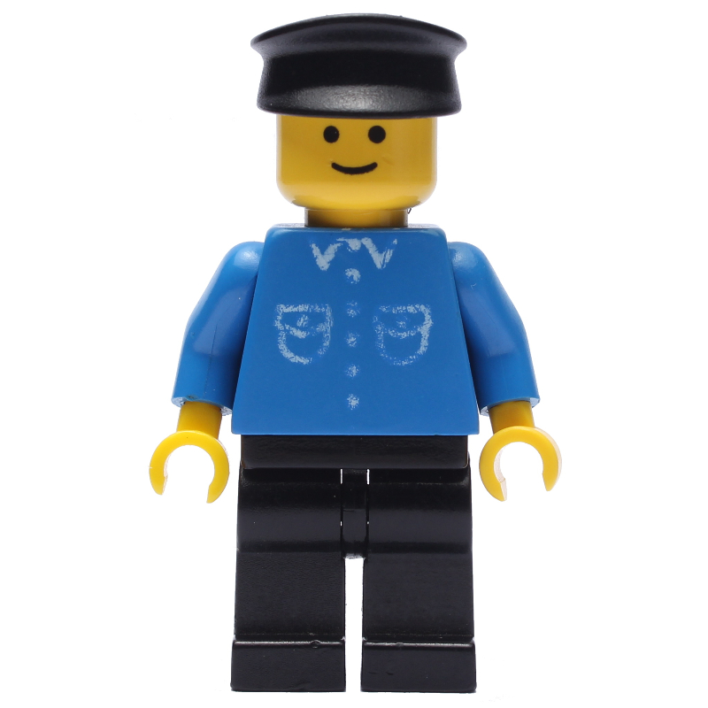 Lego Man, Blue Shirt with Buttons and Pockets, Black Legs, Black Hat