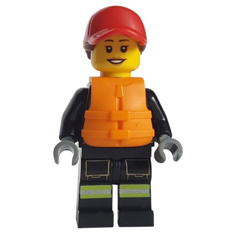 Lego Firefighter, Black Fire Suit, Orange Life Vest, Red Cap