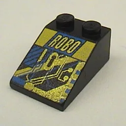 Brick Sloped 33° 3 x 2 with RoboForce Gold 'ROBO' and Blue and Yellow Circuitry Print / Black
