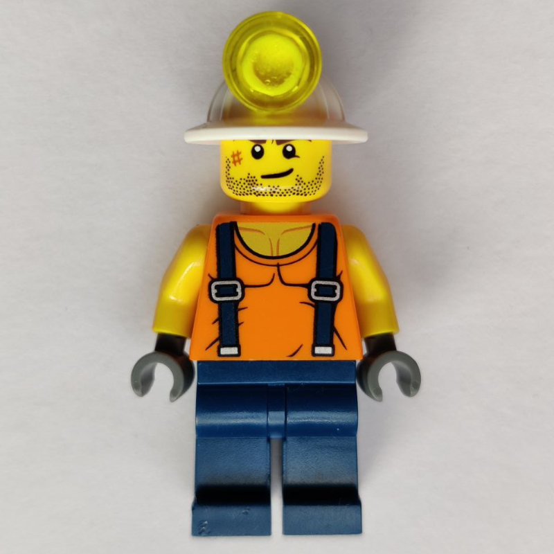 Lego Miner, Orange Vest with Suspenders, Mining Hat, Stubble and Scar