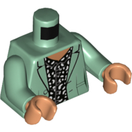 Lego Torso Jacket, Open over White and Dark Bluish Gray Patterned Shirt Print, Sand Green Arms, Nougat Hands / Sand Green