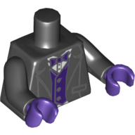 Lego Torso Tuxedo Jacket, Dark Purple Bow Tie and Vest over White Shirt Print, Black Arms, Dark Purple Hands / Black