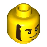 Minifig Head Rocket Racer, Dark Brown Eyebrows, Goatee, and Sideburns, Smirk Print / Yellow