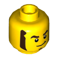 Lego Minifig Head Rocket Racer, Dark Brown Eyebrows, Goatee, and Sideburns, Smirk Print / Yellow