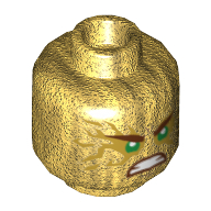 Lego Minifig Head Lloyd, Dual Sided, Green Eyes with Gold Energy Effect, Frown / Clenched Teeth Print [Hollow Stud] / Pearl Gold