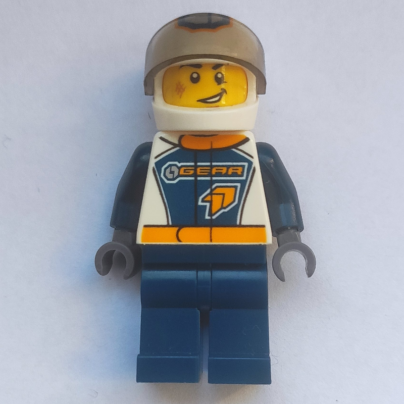 Lego Racer, Dark Blue and White Jumpsuit with 'GEAR', White Helmet with 'G' and Visor