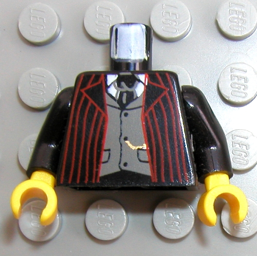 Lego Torso Suit Jacket with Dark Red Stripes, Gray Vest and Tie, Gold Fob Print, Black Arms, Yellow Hands / Black