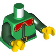 Lego Torso, Elf Costume, Red Collar, Dark Green Trim, Black Belt, Gold Belt Buckle print, Dark Green Arms, Yellow Hands / Green