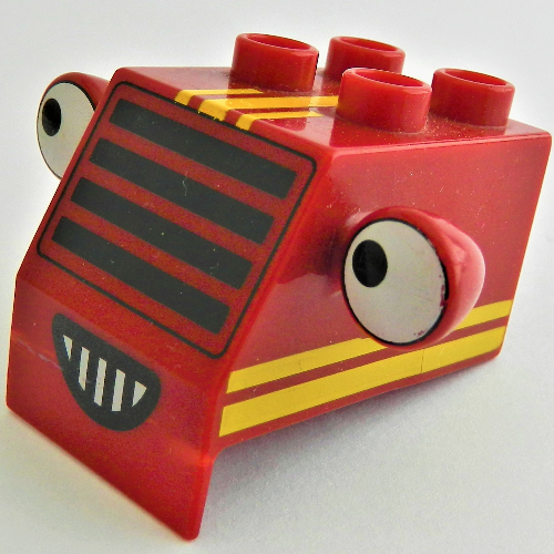 Lego Duplo Forklift Front with Grille, Yellow Stripes and White Headlight Eyes Print (Sumsy) / Dark Red