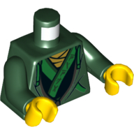 Lego Torso Hoodie with Bright Green Pocket Trim and Ties and Gray Zipper over Robe with Asian Characters on Bright Green Trim Print, Dark Green Arms, Yellow Hands
