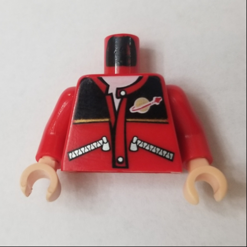 Lego Torso Jacket with Zippers, Black Top, Classic Space Logo, White Undershirt Print, Red Arms, Light Nougat Hands / Red