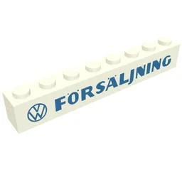 Brick 1 x 8 with 'VW FORSALJNING' Thick Blue Print / White