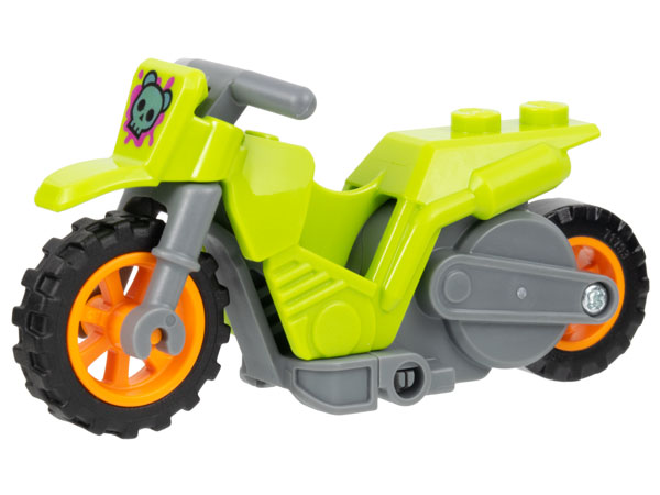 Lego Stuntz Flywheel Motorcycle Dirt Bike with Dark Bluish Gray Frame, Orange Wheels, and Dark Bluish Gray Handlebars with Metallic Light Blue Bear Skull on Magenta Splotch Pattern