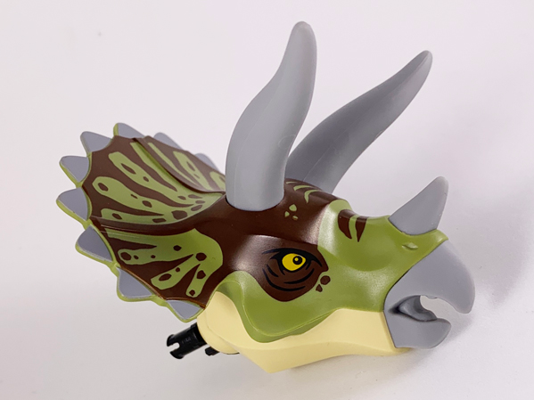 Lego Animal Body Part, Dinosaur, Triceratops Head with Reddish Brown and Olive Green Brindle, Light Bluish Gray Horns / Tan