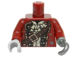 Torso Pirate Coat Ruffled Shirt, Brown Strap, Copper Buttons and Buckle Pattern / Dark Red Arms / Flat Silver Hook Left / Light Bluish Gray Hand Right