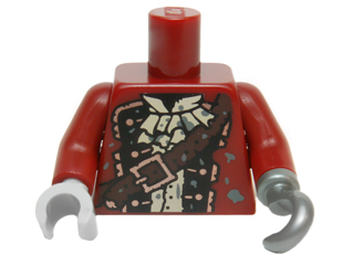 Lego Torso Pirate Coat Ruffled Shirt, Brown Strap, Copper Buttons and Buckle Pattern / Dark Red Arms / Flat Silver Hook Left / Light Bluish Gray Hand Right