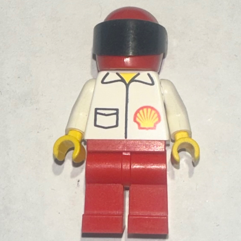 Lego Racer, White Shirt with Shell Logo, Red Legs, Red Helmet with Visor