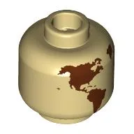 Minifig Head (No Face), Reddish Brown World Map with Japan, Hawaii Print / Tan