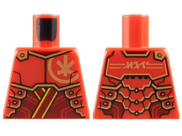 Lego Torso Armor Plates with Gold Ninjago Logogram 'K' on Front and 'KAI' on Back over Dark Red Tunic with Bright Light Orange Trim Pattern
