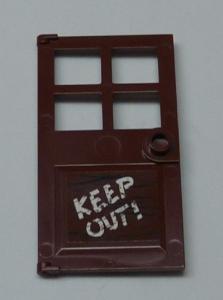 Lego Door 1 x 4 x 6 with 4 Panes and Stud Handle with Black Wood Grain and White 'KEEP OUT!' Pattern (Sticker) - Set 60131