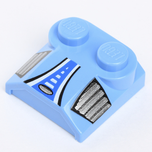 Lego Brick Curved 2 x 2 x 2/3 Two Studs and Lip End with Blue/White Stripe and Silver Side Grills Print / Medium Blue