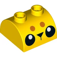 Brick Curved 2 x 2, Two Top Studs with 2 Black Eyes, Nose, Dark Orange Dots Print / Yellow
