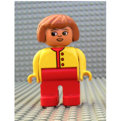 Lego Duplo Figure, Early, Hair Bob Fabuland Brown, Red Legs, Red Buttons and Undershirt / Yellow