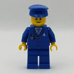 Pilot, Blue Jacket with Plane Logo and Blue Tie, Blue Legs, Blue Hat, Smile, Reddish Brown Eyebrows