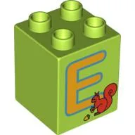 Duplo Brick 2 x 2 x 2 with 'E' and Squirrel Print / Lime