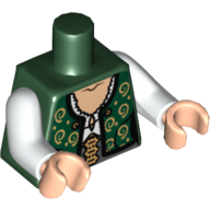 Lego Torso Vest with Gold Spirals over White Lace Blouse Print, White Arms, Light Nougat Hands / Dark Green