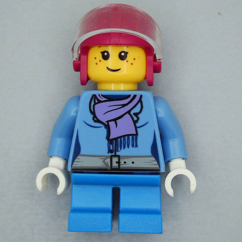 Lego Girl, Medium Blue Jacket with Medium Lavender Scarf, Short Dark Azure Legs, Magenta Helmet with Visor