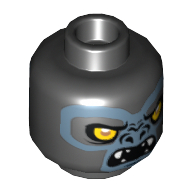 Lego Minifig Head Gorzan, Gorilla with Yellow Eyes, Fangs and Gray Face, Closed Mouth / Open Mouth Print / Black