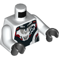 Lego Torso Armour with Black and Red Panels and Avengers Logo Print, White Arms, Black Hands / White