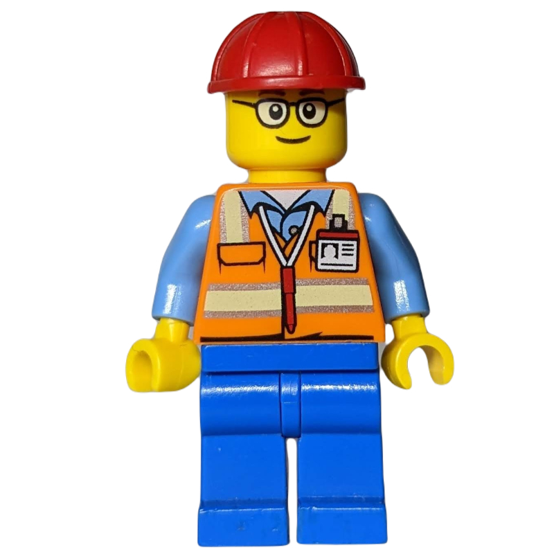 Lego Construction Worker, Orange Safety Vest with Pen and ID Badge, Red Hard Hat, Glasses