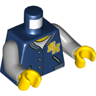 Lego Torso Letterman Jacket with "NH" Logo, Pockets, White Shirt Print, Light Bluish Gray Arms, Yellow Hands / Dark Blue