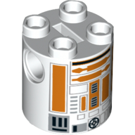 Lego Brick Round 2 x 2 x 2 Robot Body, Axle Holder '+' Orientation with Orange Lines and Gray Astromech Droid Print (R3-A2) / White