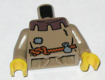 Lego Torso Castle Fantasy Era Peasant Shirt with Dark Brown Collar and Dark Bluish Gray Patch, Dark Orange Rope Belt with Pouch Pattern / Dark Tan Arms / Yellow Hands