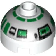 Brick Round 2 x 2 Dome Top, Blocked Open Stud, Bottom Axle Holder with Silver and Green Astromech Droid Print (R2-R7)