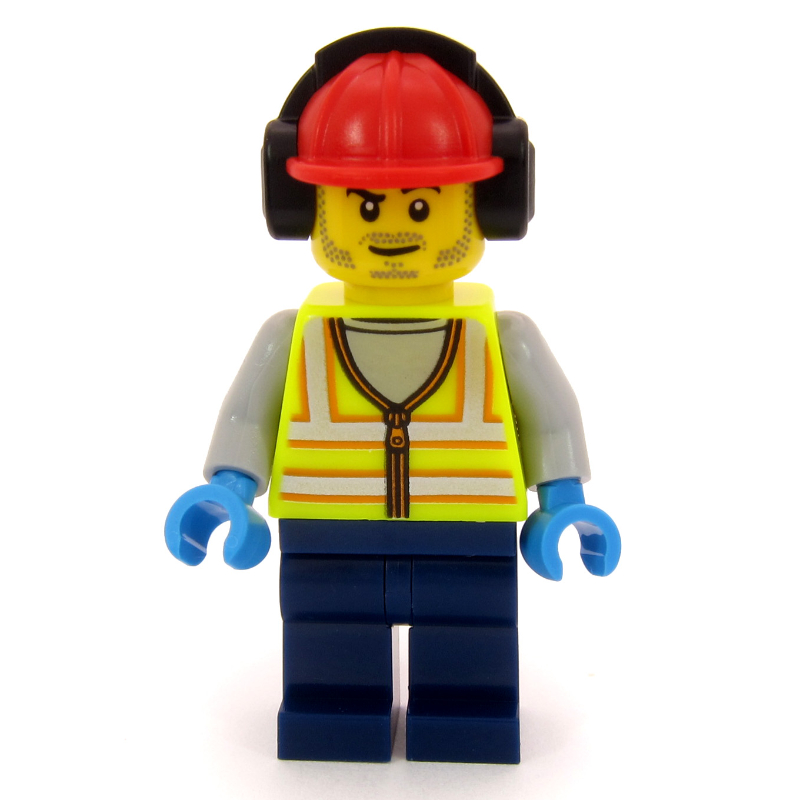 Lego Airport Ground Crew Worker, Vibrant Yellow Torso, Dark Blue Legs, Red Hard Hat