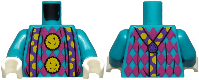 Lego Torso Magenta Argyle Sweater, 2 Yellow Pom Poms and Dark Purple Suspenders with Yellow Semicircles Pattern / Dark Turquoise Arms / White Hands