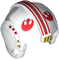Lego Helmet Rebel Pilot, Center Ridge with Red Stripes, Red Rebels Symbol, Yellow and Gray Stripes Print / White