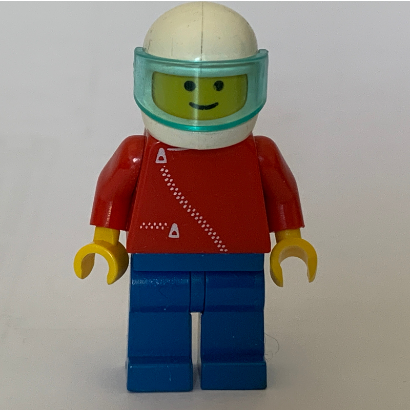 Lego Man, Red Jacket with Zipper, Blue Legs, White Helmet with Visor