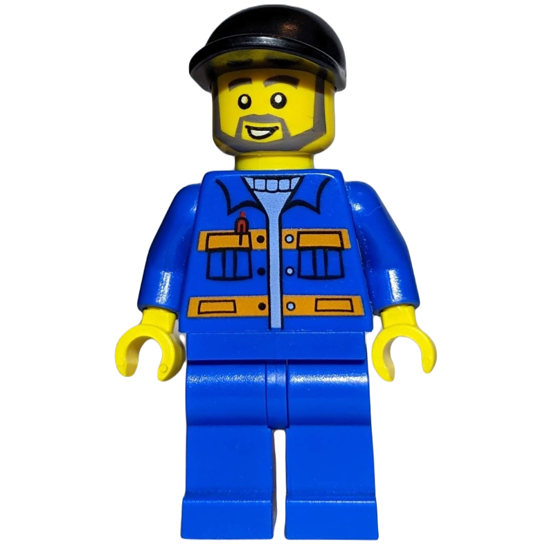 Lego Construction Worker, Blue Jacket with Orange Stripes, Blue Legs, Black Cap, Beard