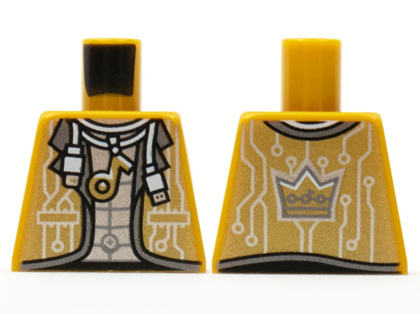 Lego Torso Jacket, White USB Cable Necklace with Music Note and Silver Circuitry, Crown on Back Pattern