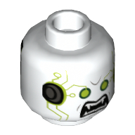 Lego Minifig Head Berserker, Dual Sided, Lime Eyes, Angry Mouth with Fangs, Black Plates on Back Print [Hollow Stud] / White